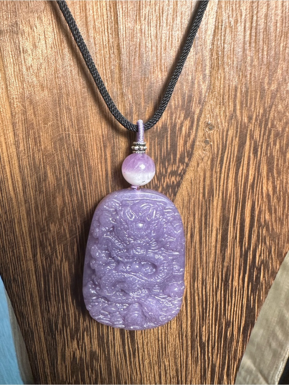 Lavender Carved Ocean Jasper Dragon Pendant Necklace with Half Bowl Amethyst - Picture 8 of 16
